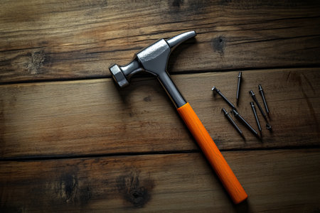 Hyper realistic 3d rendering of a hammer and nails on a wooden background from aboveの写真素材