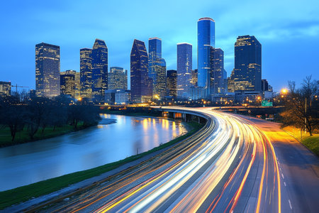 Captivating long exposure of highway light trails with city skyline and river at duskの写真素材