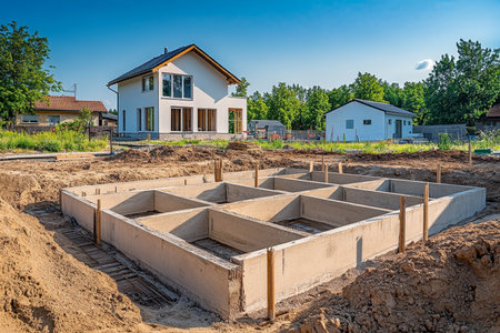 New house construction site featuring cement basins and a modern family home in the backgroundの写真素材