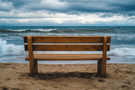 Stormy beach scene featuring a wooden bench with waves crashing on the shorelineの写真素材
