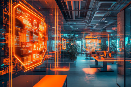 Futuristic office featuring holographic screens and orange neon lights, showcasing modern work styleの写真素材