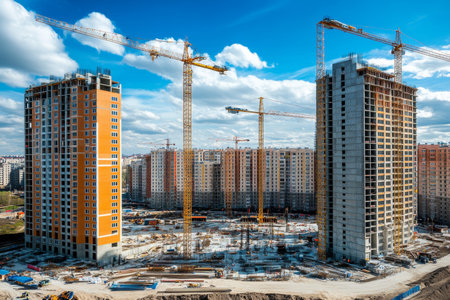 Urban development in russia construction of tall buildings and cranes under a clear blue sky
