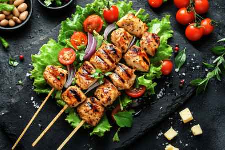 Sliced grilled chicken paired with a fresh vibrant salad in balsamic vinaigrette dressingの写真素材