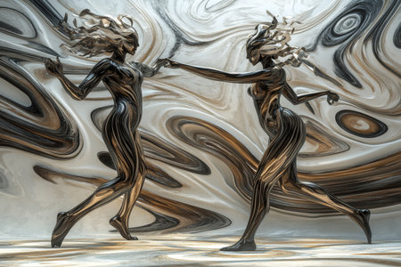 Futuristic dancers in fluid lines and curves, crafted with intricate techniquesの写真素材