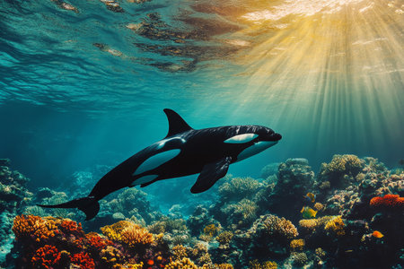 Majestic orca swimming gracefully through vibrant coral reef with sunlight filtering beneath wavesの写真素材