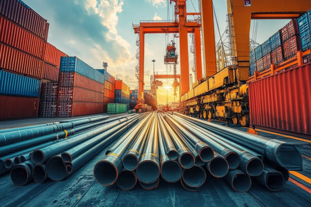 Crates and steel pipes stacked in cargo yard with crane loading container onto ship at port