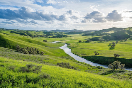 Lush green fields and rolling hills in spring, a serene countryside landscape captured beautifully
