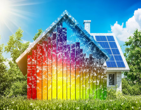 Sustainable home design energy efficiency under blue skies with colorful solar insightsの写真素材
