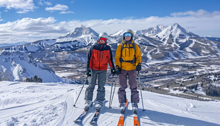Couple skiing on valentine's day scenic slopes and majestic mountains in crested butte, colorado