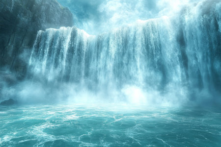 Powerful Waterfall Cascading into Turquoise Water, Dramatic Nature Landscape Photography