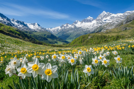 Stunning daffodils framing a blue background for spring and easter inspiration in soft focusの写真素材