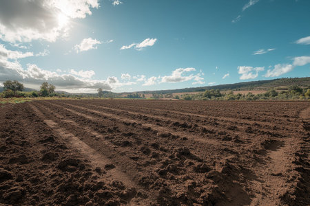 Plein air photography of freshly tilled soil under a bright blue sky and sunlight raysの写真素材
