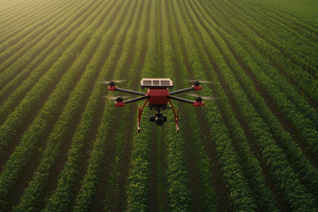 Drone with camera and tray flying over green crop fields, showing agricultural technology use