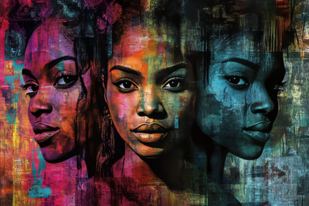 Vibrant portraits of African American women celebrating diverse styles and expressions in urban artの写真素材
