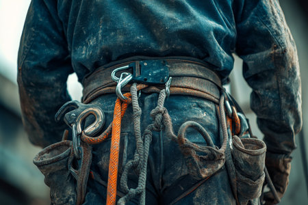 Close up of safety gear climbing rope and harness for worker at construction site in daylightの写真素材