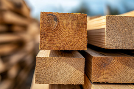 Close up of stacked wooden planks at construction site on a sunny day