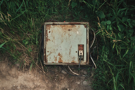 Aerial view of an electrical box with connected ground wire on grass beside a dirt roadの写真素材