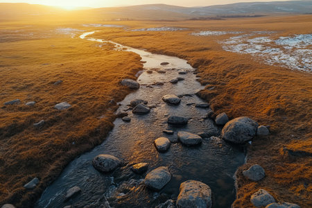 Aerial perspective of a serene stream and rocky terrain in a winter grassland at sunset glow