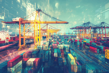 Vibrant scene of a busy international port showcasing global trade and interconnected economyの写真素材