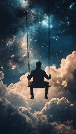 A surrealist dream man on a cloud swing under a starry night sky creating an ethereal atmosphere