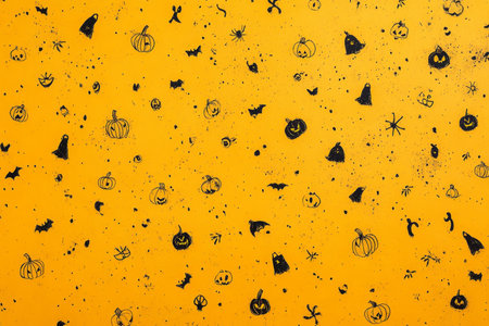 Seamless halloween background with cute pumpkins, cats, and spooky cartoon elements for decorの写真素材