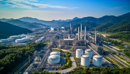 Aerial perspective of a south Korean petrochemical plant amidst mountains and clear skiesのeditorial素材