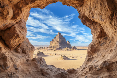 Ancient structure on exoplanet seen from orbiting planet s window above desert landscapeの写真素材