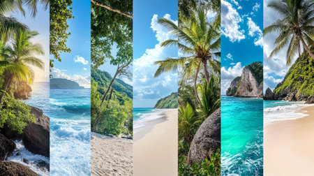 Stunning coastal landscapes vibrant beach scenes with lush tropics, sunset skies, and clear watersの写真素材