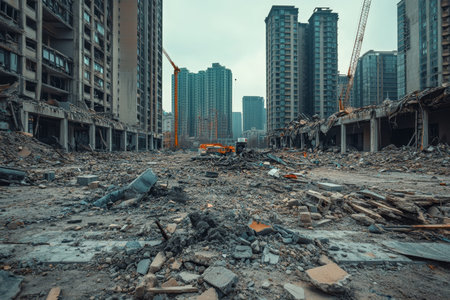 Desolate cityscape a wide angle view of collapsed buildings and debris amidst urban ruins