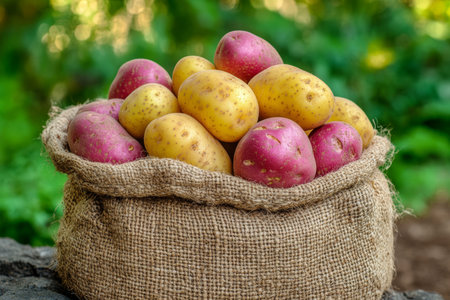 Vibrant red and yellow potatoes in jute sack on stone with natural outdoor backgroundの写真素材