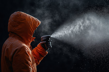 A person in an orange down jacket spraying mist against a dark gray background in natural lightの写真素材