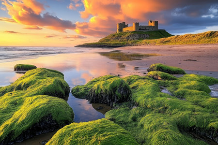 Wide angle view of historic castle on a grassy hill overlooking beach at golden hourの写真素材
