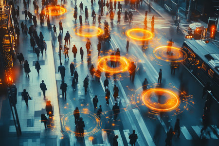 Aerial perspective of city crowd with digital connections, representing big data technology conceptsの写真素材