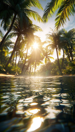 Cinematic perspective of sunlight through palm trees illuminating water with ripples and reflections