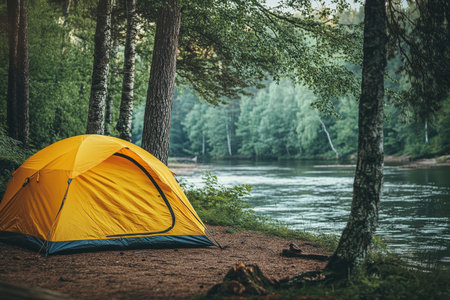 Close up of a yellow tent by a river in a forest during summer camping with space for textの写真素材