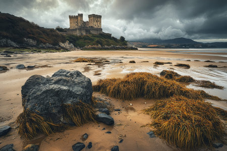 Medieval castle overlooking a rocky beach at low tide under cloudy late afternoon sky