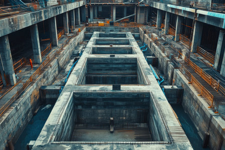 Aerial view of concrete construction site with rectangular basins and steel pillars for supportの写真素材