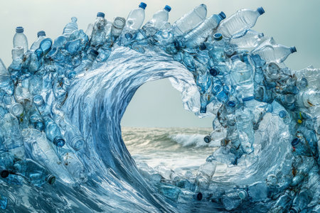Stylish illustration of a wave of plastic bottles highlighting environmental impact on marine lifeの写真素材