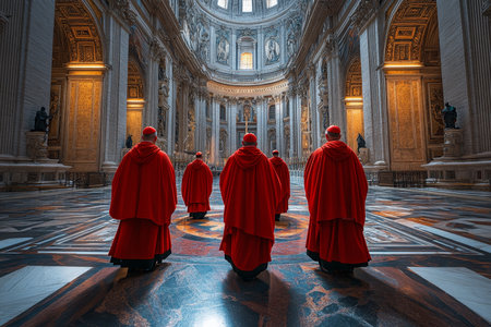 Cardinals in red robes seen from behind in stpeter s basilica aisle captivating photographyの写真素材