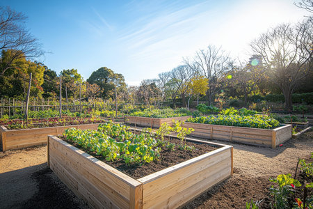 Vibrant organic vegetable garden with wooden raised beds bathed in warm sunlight and copy space