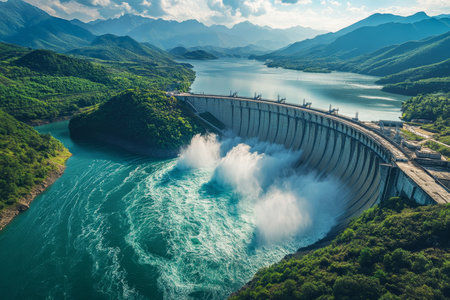 Aerial view of hukou dam in spring waterfalls, lush mountains, and vibrant natural beauty