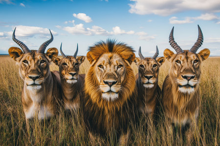 Panoramic wildlife photography of lions and antelopes in the savannah showcasing their beautyの写真素材
