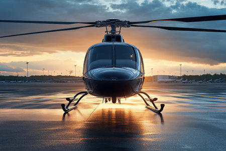 Photorealistic image of a black helicopter on airport tarmac at sunset with cinematic flairの写真素材