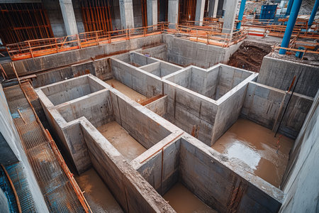 Aerial view of a concrete construction site with steel pillars and basins for support structuresの写真素材