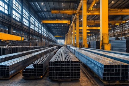 Vibrant industrial warehouse scene with steel beams and aluminum profiles in sharp focusの写真素材