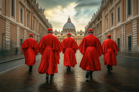 Cardinals in red robes approaching the pope outside a roman catholic cathedral in romeの写真素材