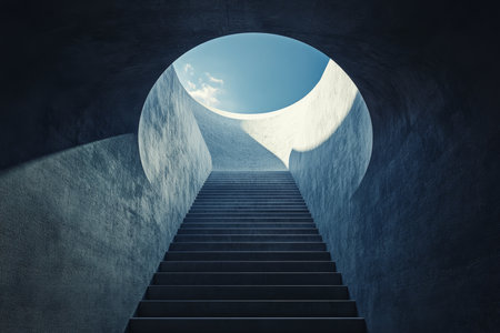 Stairs ascending towards the sky a minimalist journey of hope and new beginnings in light and shadowの写真素材
