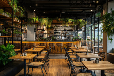 Urban restaurant interior design with rustic style, wood floors, rattan chairs, and open kitchen