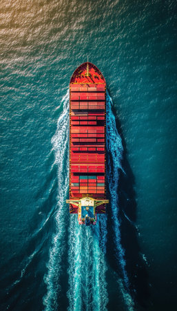 Aerial view of a red cargo ship with containers at sea illustrating global logistics and transportの写真素材