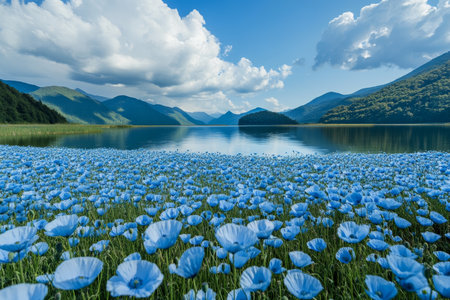 Stunning lake enclosed by majestic mountains adorned with vibrant blue poppies in full bloomの写真素材